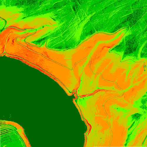 Kolorierung der Hangneigung mittels nächstgelegener Farbzuweisung.