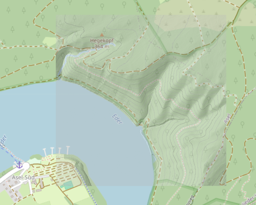 Basiskarte, Schummerung (multidirektional, teiltransparent) und Höhenschichtlinien für eine Datenkachel am Edersee (Hessen).