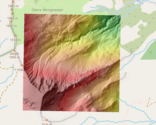 Schummerung und Farbrelief (teiltransparent) für eine Datenkachel in den Hochalpen (Großer Seekopf, 2085 Meter).